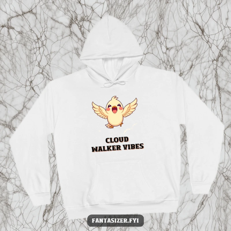 Funny hoodie featuring an excited bird soaring through clouds, offering warmth and a humorous escape into the blue yonder.