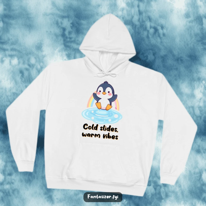 Funny hoodie showing a cute penguin personified, sliding down a bright rainbow into a pool, radiating happiness.