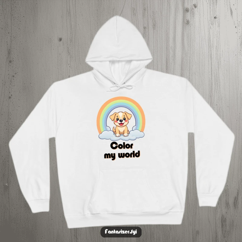 Funny hoodie: a cheerful puppy peeks through a bright rainbow portal, offering cozy and happy vibes.