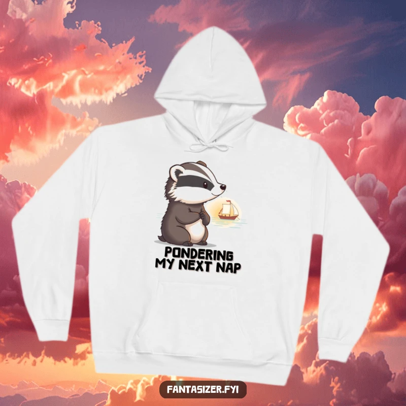 Funny hoodie depicting a thoughtful badger with a faraway look, watching a boat sail into a tranquil sunset.