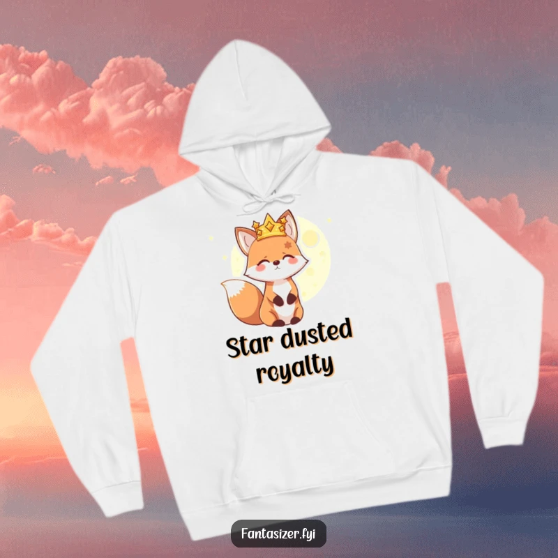Funny hoodie featuring a happy fox with a star crown gazing at a distant, glowing planet, providing warmth and a touch of cosmic adventure.