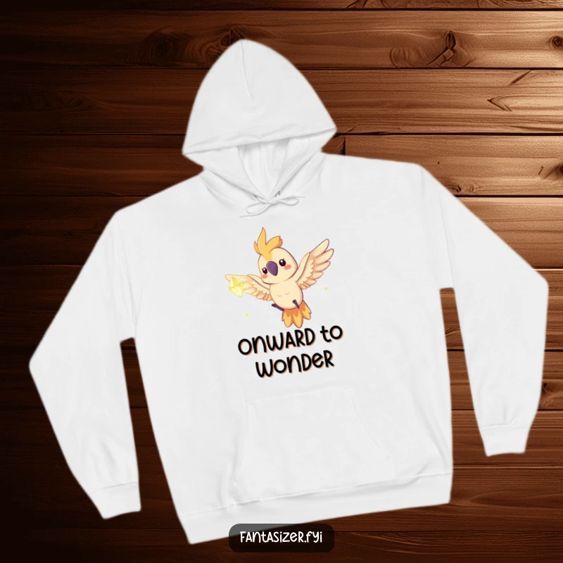 Funny spirited parrot flying towards a glowing dream crystal on a warm hoodie, offering cozy inspiration.