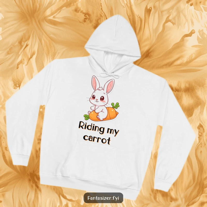 Funny hoodie depicting a rabbit joyfully riding a carrot, offering warmth and a touch of playful, imaginative adventure.