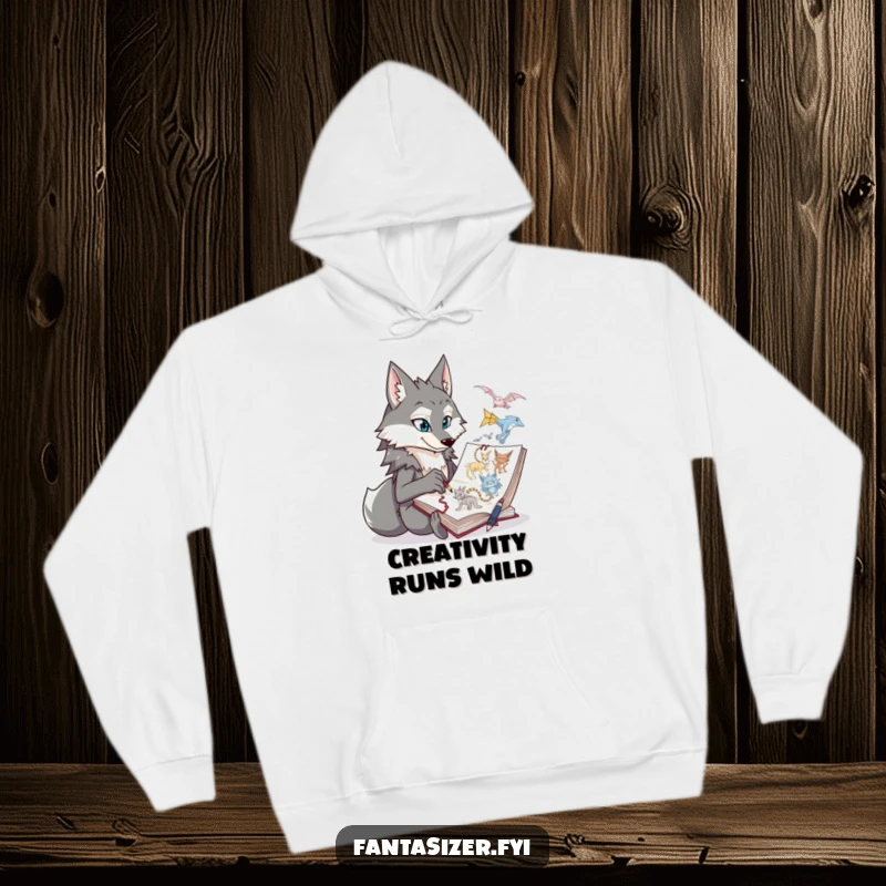 Funny wolf character sketching fantastical creatures on a warm hoodie, offering cozy creativity and artistic flair.