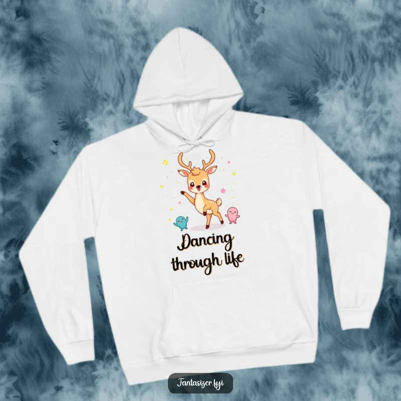 Funny hoodie of a cheerful deer dancing with imaginary sparkling creatures, perfect for cozy, happy moments.
