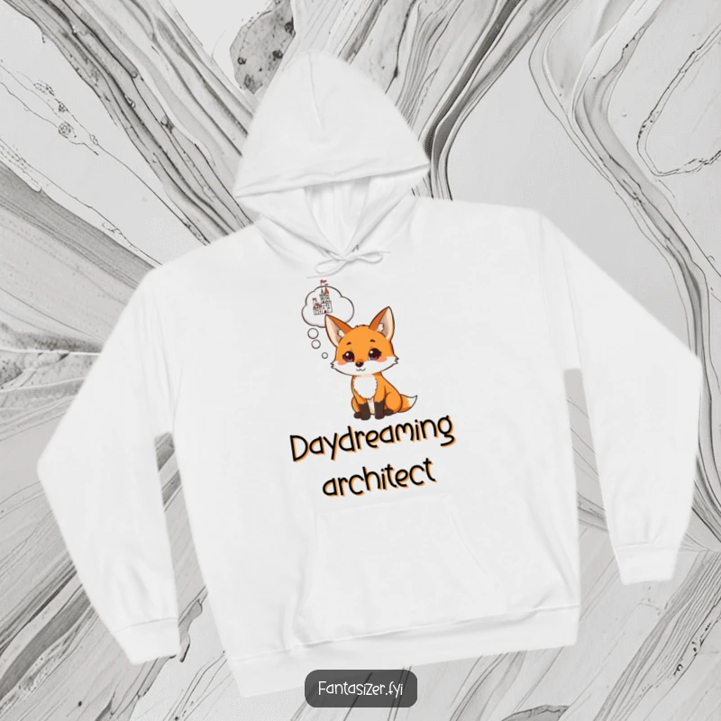Funny hoodie featuring a curious fox gazing upwards, with a detailed castle appearing in its thought bubble, signifying grand ambitions.