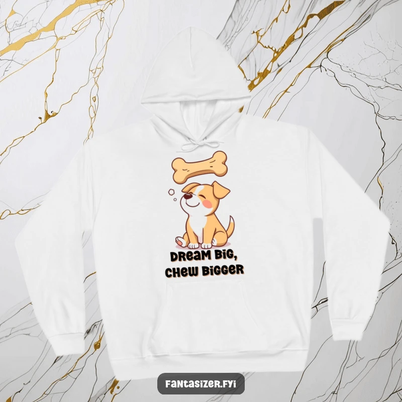 Funny hoodie featuring a happy dog dreaming soundly, with a giant bone floating above in its slumber.