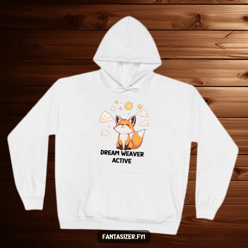 Funny hoodie depicting a joyful fox gazing at clouds, lost in a world of fantastical shapes and dreams.