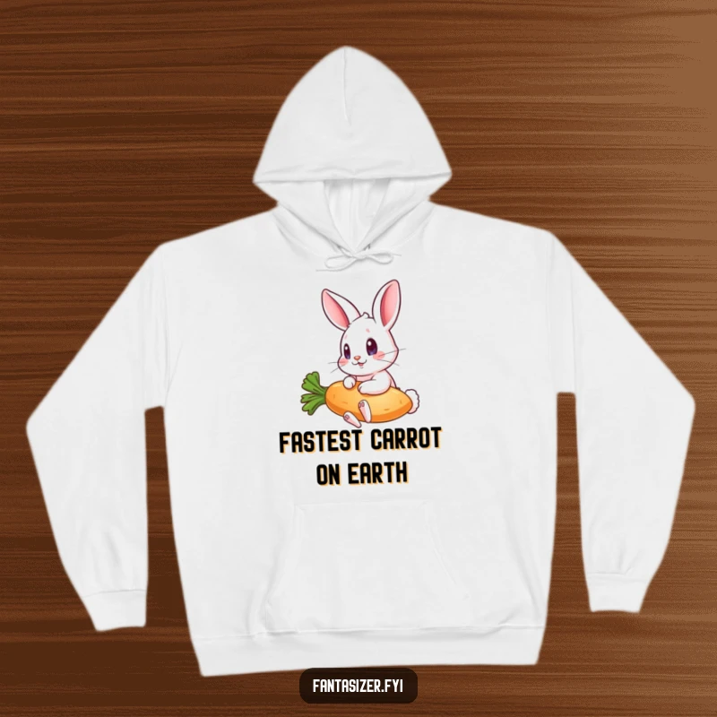 Funny hoodie depicting a wide-eyed rabbit gleefully riding a whimsical flying carrot, a symbol of pure, lighthearted adventure.