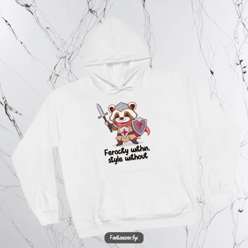 Funny hoodie featuring a determined badger knight, exuding bravery and humor, an ideal cozy gift for fantasy lovers.