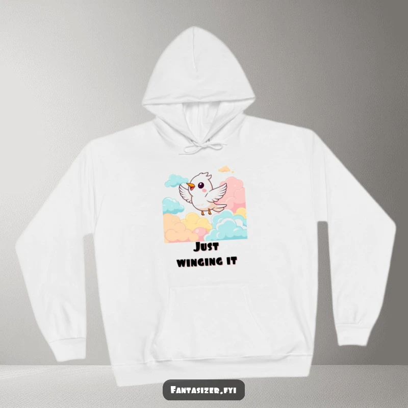 Funny hoodie showcasing a happy bird character gracefully flying through a sky filled with bright, fluffy clouds, a symbol of happiness.