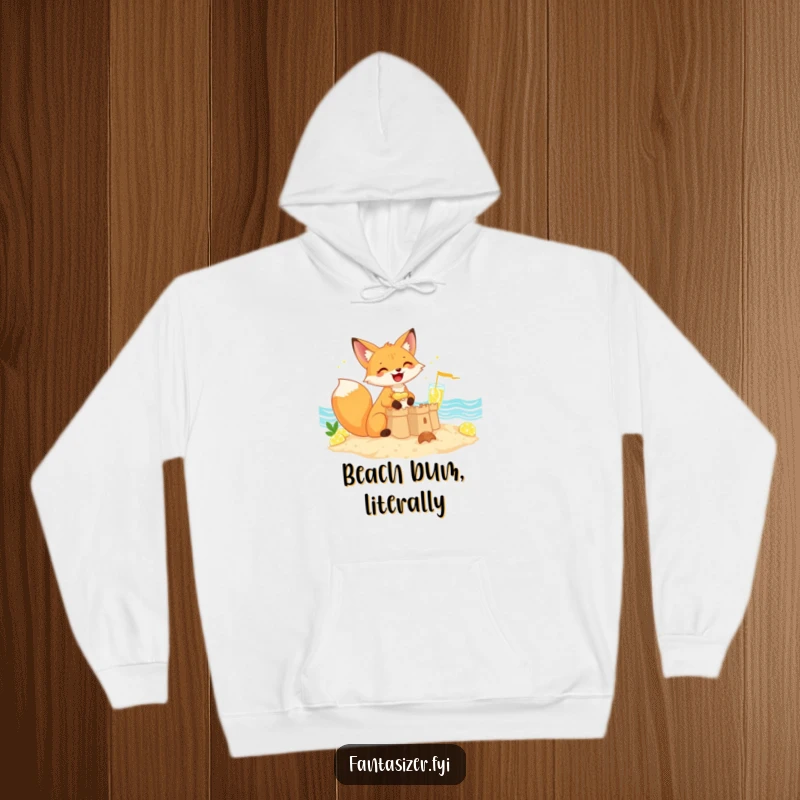 Funny giggling fox creating a magnificent sandcastle next to a sea of bubbly lemonade, hoodie, funny gift.