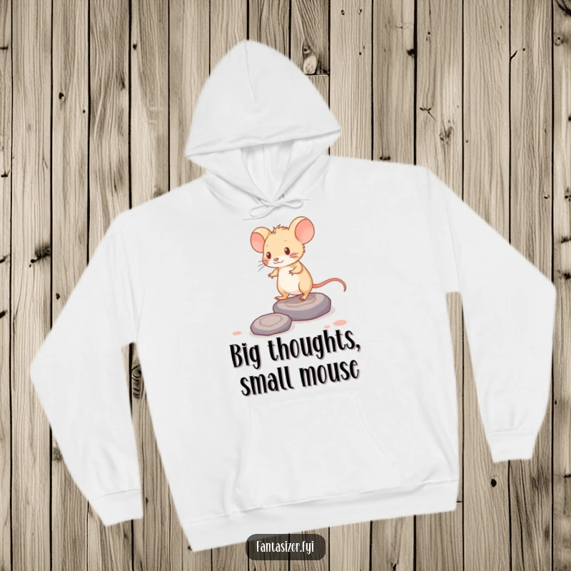 Funny hoodie: a brave mouse steps on thought-shaped stones, representing a cozy and intellectual adventure.