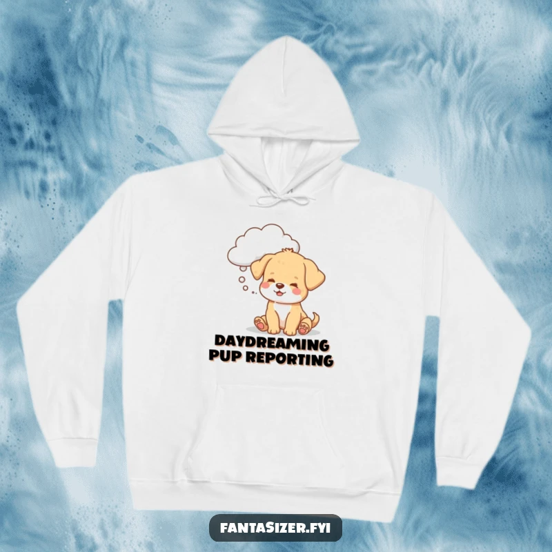Funny puppy hoodie, a cute dog daydreaming under a toy-shaped cloud, symbolizing comfort and playful thoughts.