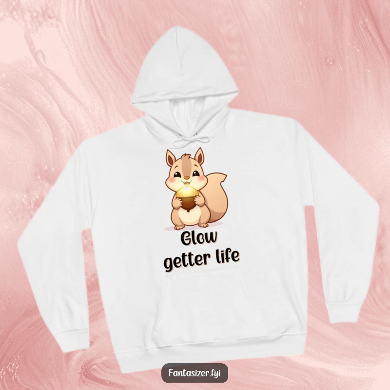 Funny Squirrel Mystic Hoodie, a cheerful squirrel holding a magical acorn that emits a soft glow, perfect for cozy enchantment.