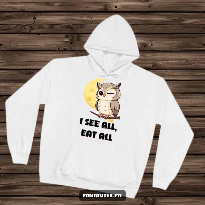 Funny hoodie featuring a winking owl observing a moon made of cheese, ideal for cozy, humorous nights.