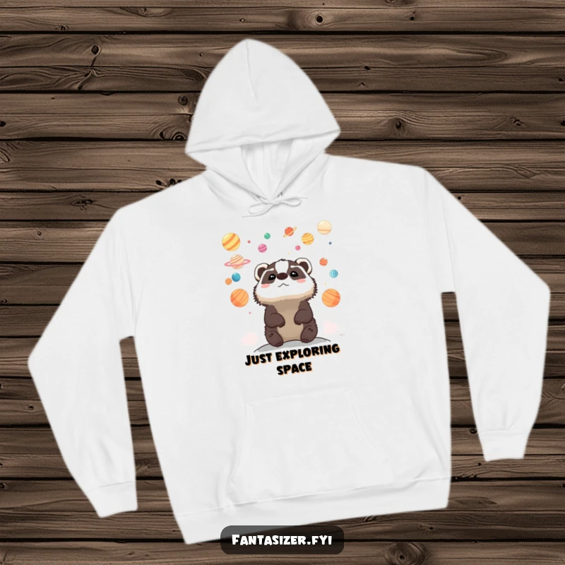 Funny hoodie with a charming badger gazing at a sky brimming with colorful planets, perfect for cozy, imaginative moments.