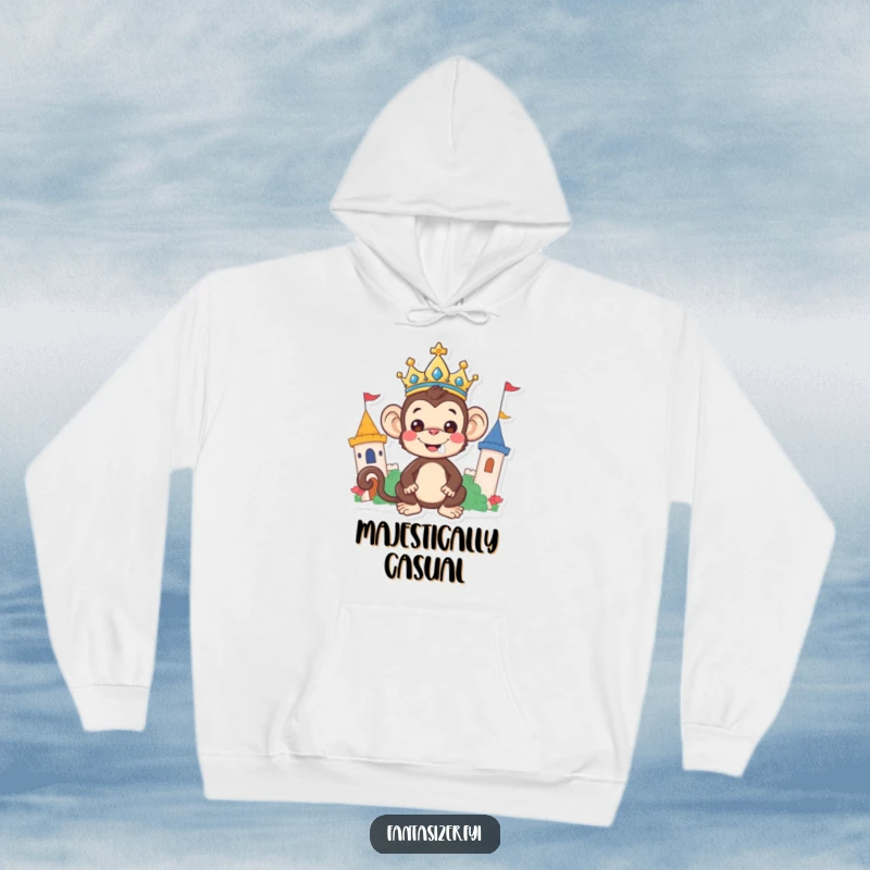 Funny Monkey Hoodie: A cheerful monkey wearing a crown presides over a magical, playful kingdom, bringing warmth and humor.