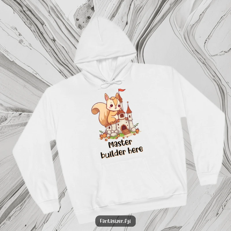 Funny hoodie with an imaginative squirrel character building an acorn castle, offering cozy comfort and a nod to creativity.