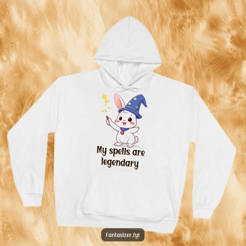 Funny hoodie featuring a triumphant rabbit wearing a wizard hat and casting a spell, perfect for cozy magic.