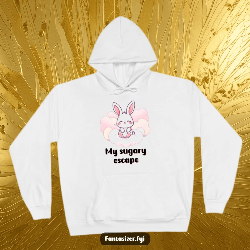 Funny bunny hoodie with eyes closed, imagining floating amongst giant, candy-colored clouds, soft and cozy for dreaming.
