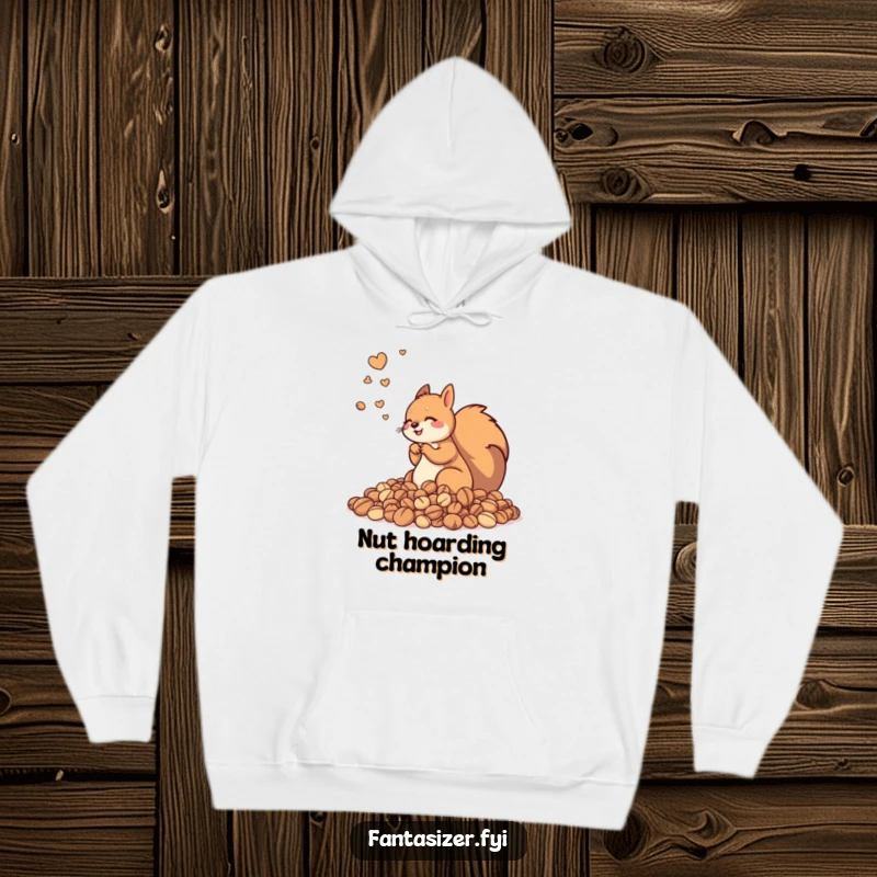 Funny hoodie featuring a playful squirrel surrounded by a mountain of nuts, offering warmth and a humorous escape for collectors.
