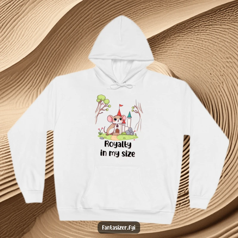 Funny hoodie of a surprised mouse discovering a miniature castle, perfect for cozy explorations.