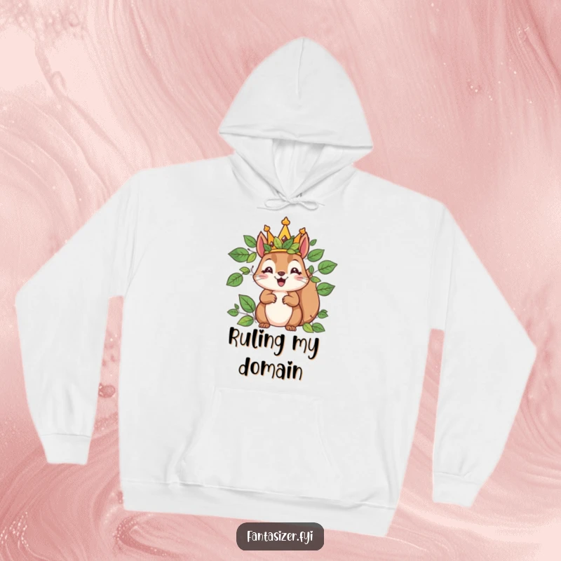 Funny hoodie featuring a delighted squirrel king with a leaf crown, providing cozy warmth and regal, humorous charm.