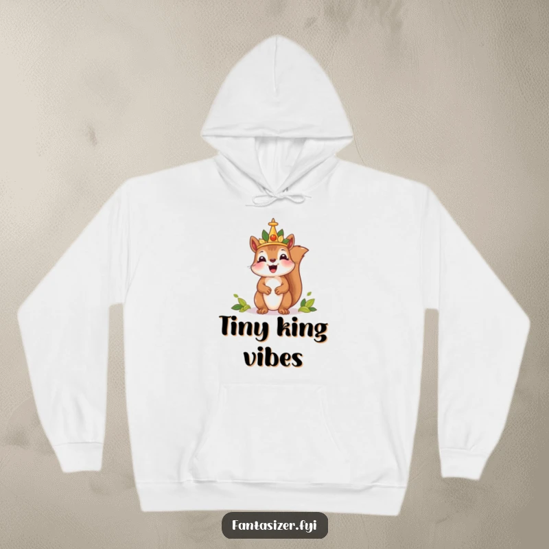Funny hoodie featuring a delighted squirrel proudly wearing a crown of leaves, embodying the humorous spirit of a small, mighty ruler.