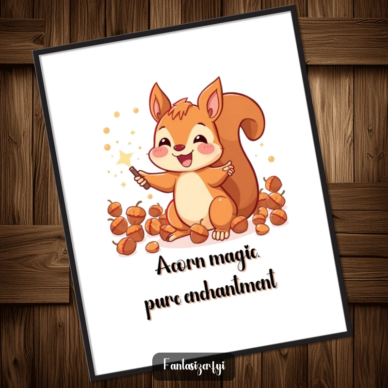 Funny Free Printable Wall Art: A joyous squirrel actively conjures a shower of sparkling acorns using a miniature magic wand.