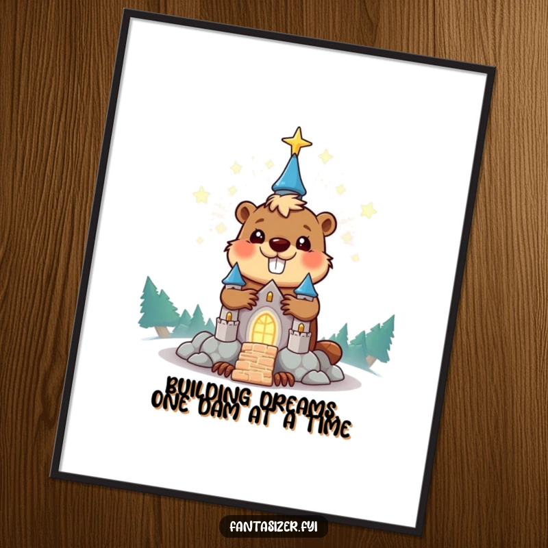 Funny Free Printable Wall Art of a happy beaver building a huge, glowing castle from stardust, a whimsical cosmic scene.
