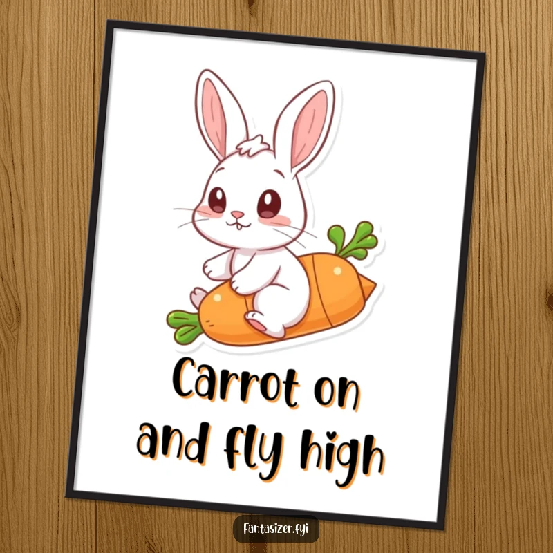 Funny Free Printable Wall Art: A wide-eyed rabbit humorously rides a carrot as if it were a flying rocket.