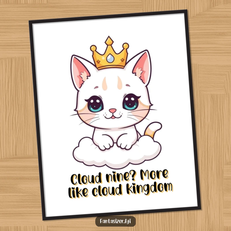 Funny Free Printable Wall Art: Curious cat wearing a crown imagines ruling a fluffy cloud kingdom, pure imagination.
