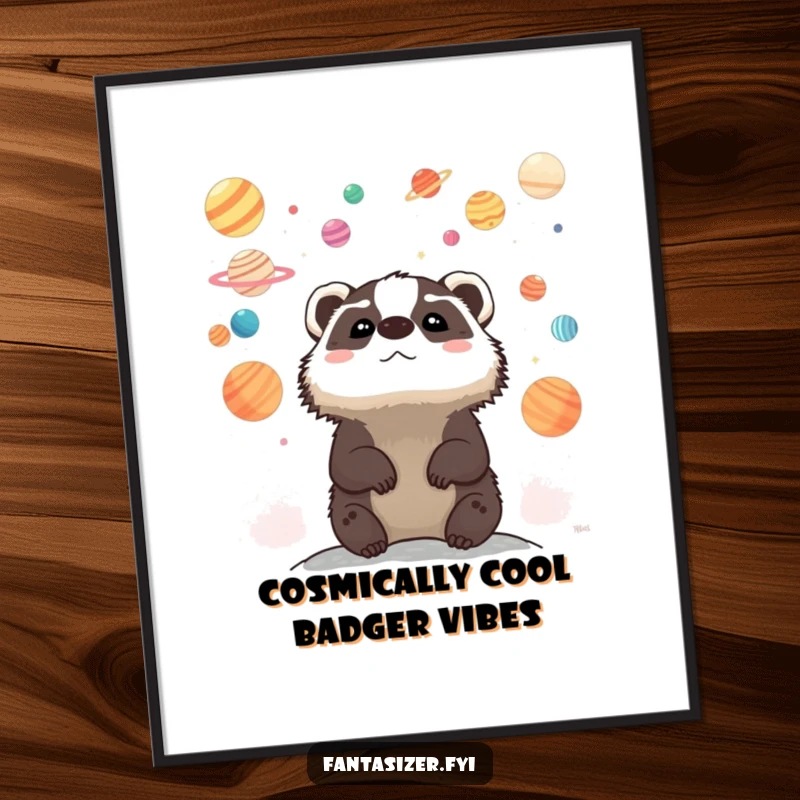 Funny Free Printable Wall Art of a whimsical badger looking at colorful planets, ideal for a child's room or quirky decor.