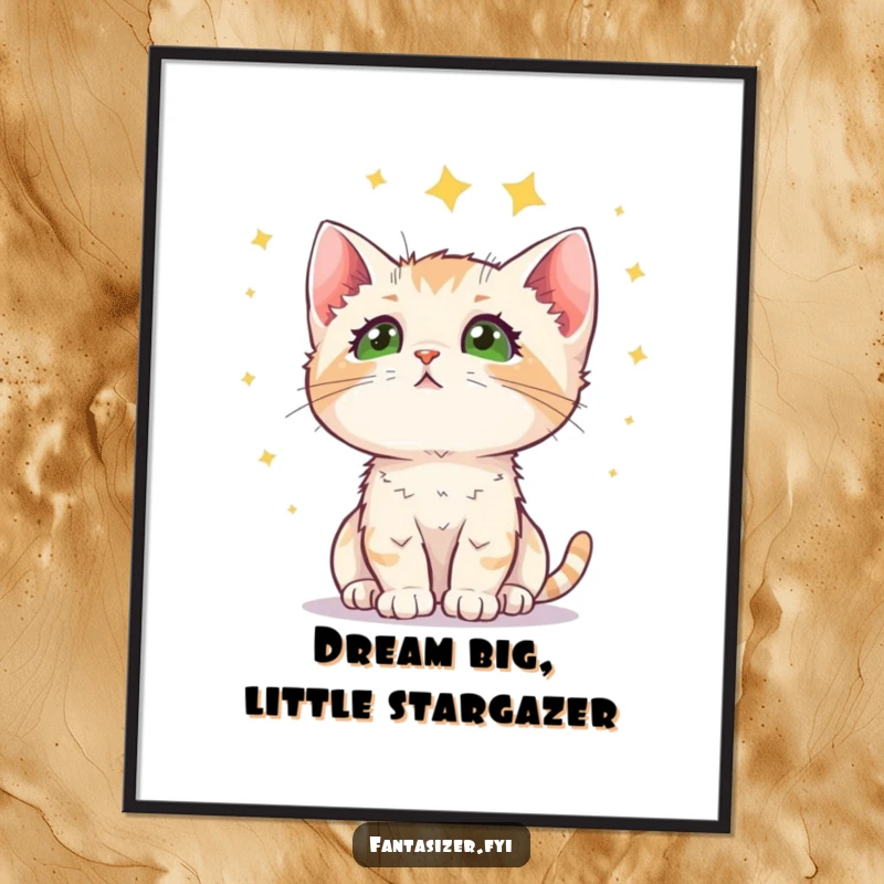 Funny Free Printable Kitten Wall Art: A curious kitten gazes wonderingly at a starry night sky, whimsical downloadable art.