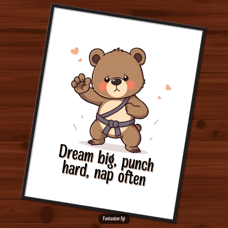 Funny Free Printable Wall Art: A determined bear cub practicing intense martial arts moves in a vivid dream, ready for action.