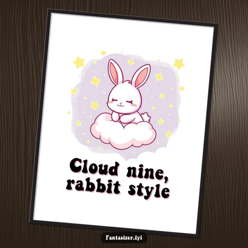 Funny Free Printable Wall Art of a rabbit dreaming on a cloud filled with stars, ideal for a nursery or peaceful room.