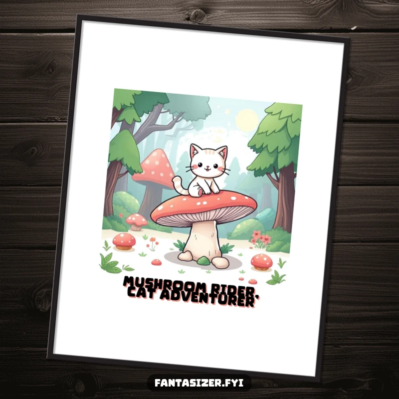 Funny Free Printable Wall Art of a playful cat riding a giant mushroom through a fantasy forest, ideal for a child's room or whimsical decor.