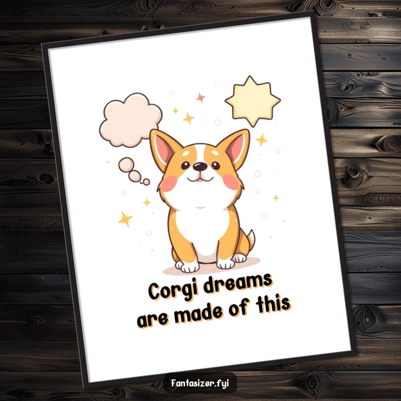Funny Free Printable Wall Art: A cute corgi surrounded by oversized, sparkly thought bubbles filled with whimsical dreams and aspirations.