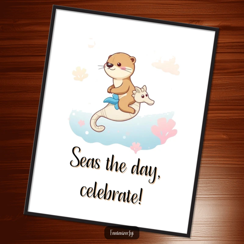 Funny Free Printable Wall Art: Playful otter riding a seahorse through a surreal, dreamlike ocean scene.