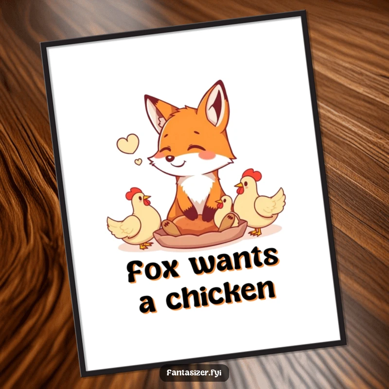 Funny Free Printable Fox Wall Art: Happy fox is shown daydreaming wistfully about catching plump chickens.