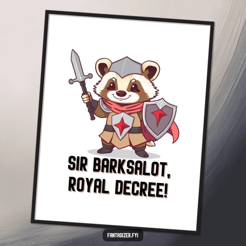 Funny Free Printable Wall Art of a brave badger in knight armor striking a heroic pose.