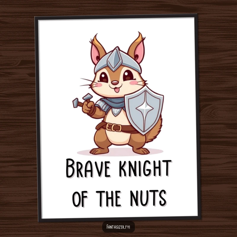 Funny Free Printable Wall Art: A determined squirrel in knightly armor stands tall, brandishing a tiny sword and shield with a playful glint.