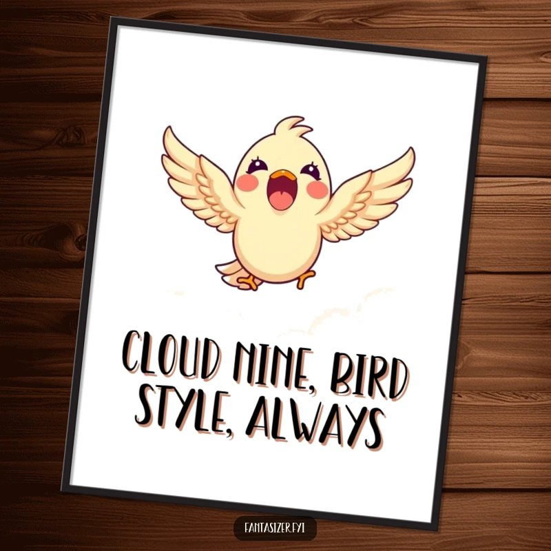 Funny Free Printable Wall Art: Excited bird joyfully soaring high up amongst soft, white, fluffy clouds.
