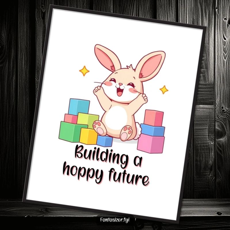 Funny free printable wall art of a happy bunny with paws in the air, envisioning a vibrant world constructed from colorful building blocks.