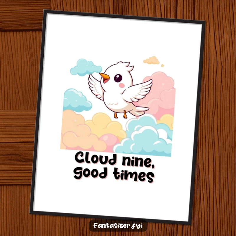 Funny free printable wall art depicting a joyful bird soaring high among whimsical, colorful clouds, bringing cheerful vibes.