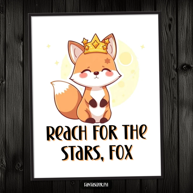 Funny Free Printable Wall Art: Happy fox wearing a crown of stars gazes at a distant glowing planet, whimsical space-themed art.