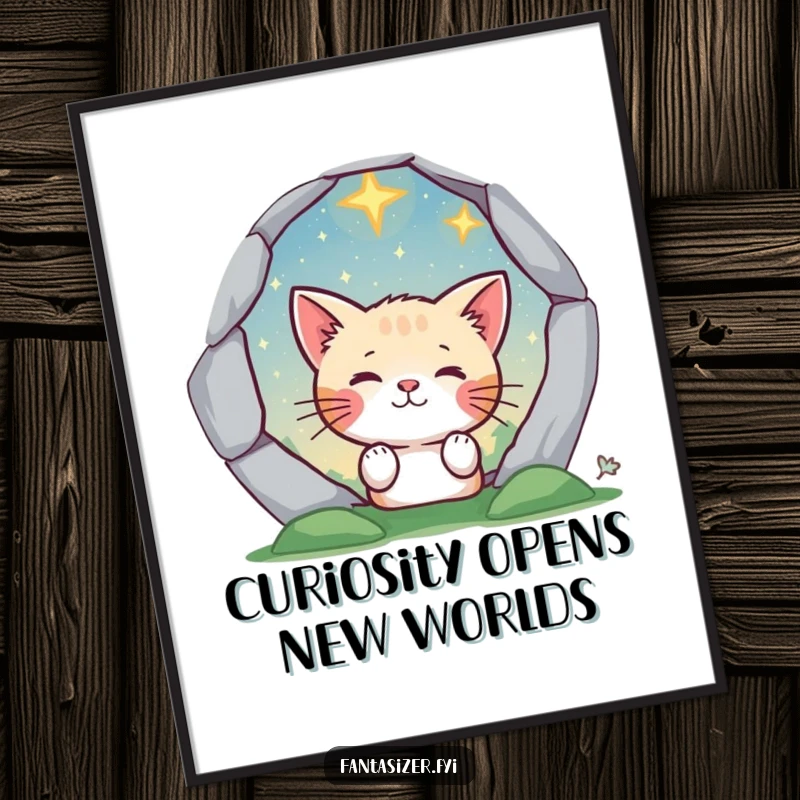 Funny Free Printable Wall Art: Curious cat's head peeking through a glowing portal to a fantastical starry sky.