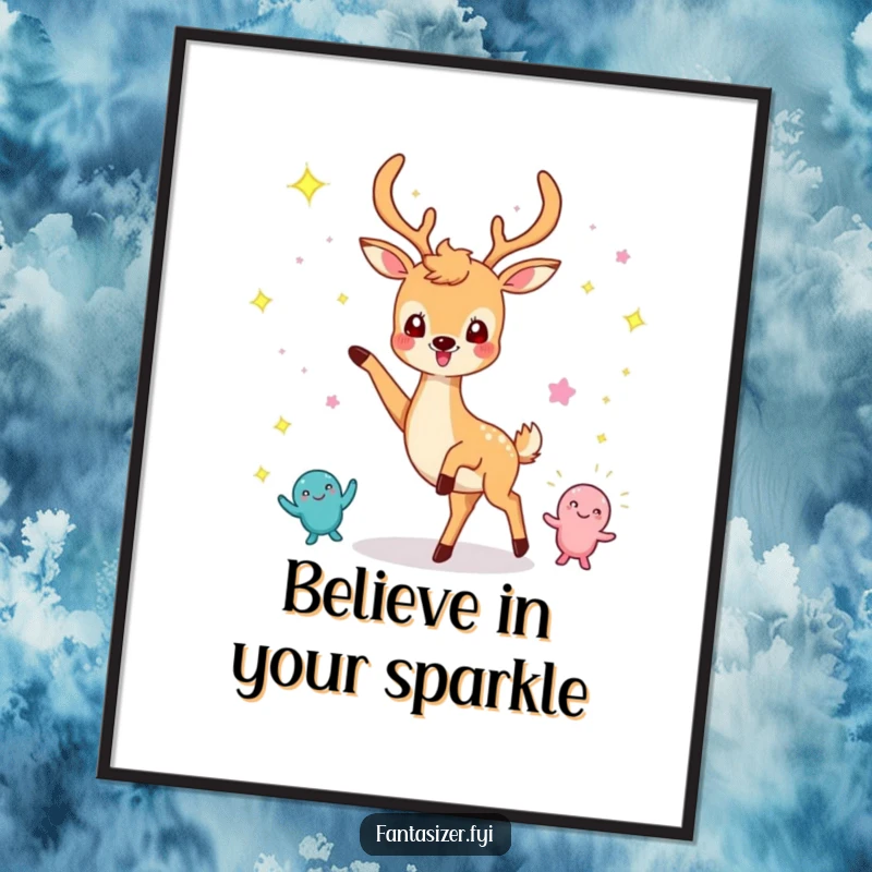 Funny Free Printable Wall Art: A cheerful deer joyfully dancing with imaginary sparkling ethereal creatures.