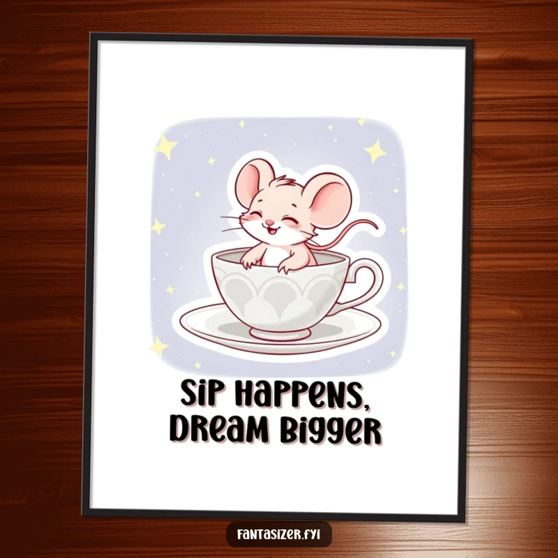 Funny Free Printable Wall Art: A giggling mouse humorously piloting a teacup like a spaceship through a vast, sparkling night sky.